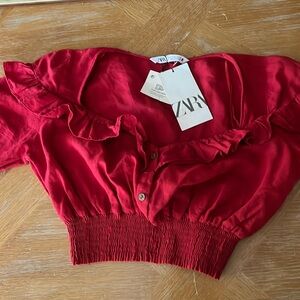 NWT Zara red linen cropped top with ruffles